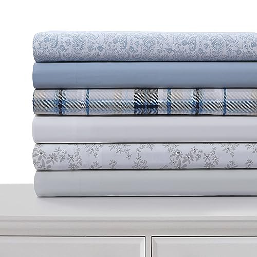 Tribeca Living Cotton Percale King Size Bed Sheet Set, 300 Thread Count, Extra Deep Pockets, Skyway/Blue
