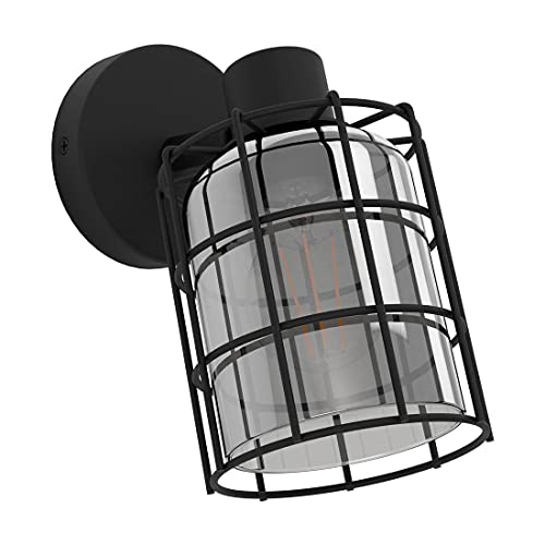 EGLO Indoor wall Light Consaca, Industrial Style wall lamp Made of Black Metal and Smoked Glass, Living Room Lighting Fixture, Spotlight with E27 Socket