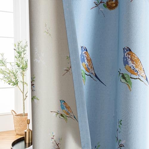 SUOUO Double Sided Patterned Birds Blackout Curtains 96 Inch 2 Panels Rustic Farmhouse Vintage Country Window Drapes for Bedroom Living Room Blue and Khaki