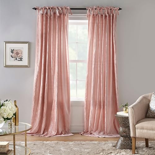 Elrene Home Fashions Korena Tie-Top Crushed Velvet Window Curtain Panel, Rustic-Chic Curtain Panel for Living Room or Bedroom, 50 Inches by 95 Inches, Blush, 1 Panel