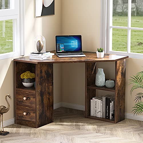 Merax Computer Desk - Triangle Gaming Corner Desk with Drawers and Shelves - Large Storage Space Wooden Office Desk for Office or Home - Brown