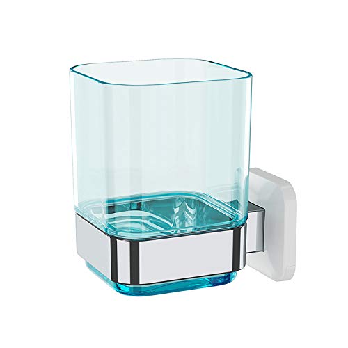 "Wall-Mounted Tumbler and Toothbrush Holder, Wall Mounted Adhesive Hanging Electric Toothbrush Organizer Stand for Bathroom, No Drilling Required (Blue+Chrome, 3.93""X3.93""X2.97"")"
