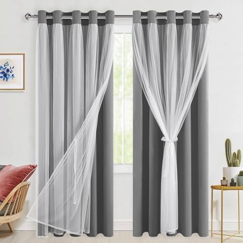 Hiasan Blackout Curtains with Sheer 84 Inches Long, Grommet Thermal Insulated Mix & Match Double Layer Window Curtains for Bedroom, Living Room, 2 Drape Panels with Tiebacks, Grey, 60W X 84L