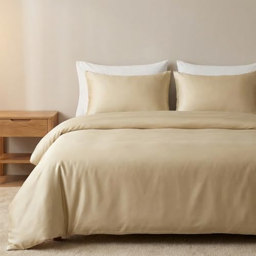 "HeimenAogo Egyptian Cotton Duvet Cover Queen Size Sateen Weave, Silky Soft and Breathable Bedding Set with Zipper Closure, Extra-Long Staple Cotton Comforter Cover Cream 3Pcs 90""??90"""
