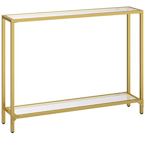 HOOBRO Console Table, 2-Tier Tempered Glass Console Table, Slim Hallway Table with 2 Shelves, 100 x 22 x 80 cm, Modern Display Table for Living Room, Small Space, Gold EGD04XG01