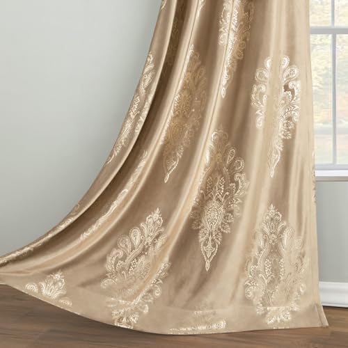 VOGOL Velvet Floral Room Darkening Curtains, 52 x 63, Brown, Grommet Top - Soft Fabric Drapes, Light Blocking Privacy Effect, Floral Printed Design, for Living Room and Bedroom Windows