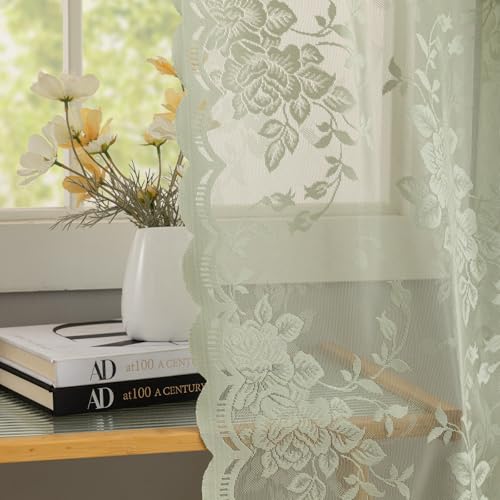 YJ YANJUN Sage Green Sheer Curtains 72 Inch Long 2 Panels Floral Patterned Boho Net Curtains Privacy Lace Gauze Curtain Panels for Boy Bedroom Room Divinding Closet Door 6 FT Length Light Sage