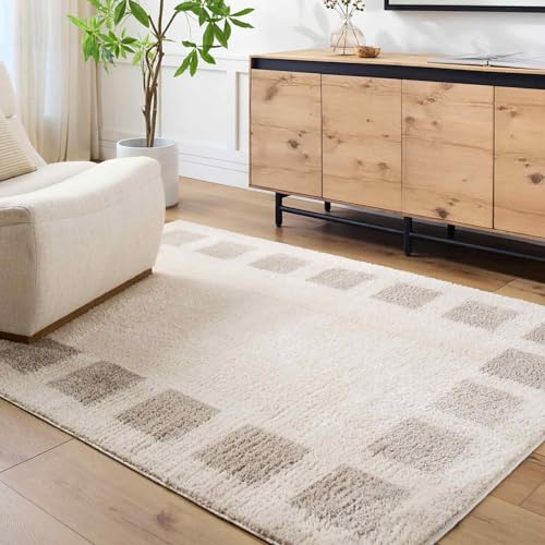 Livabliss Amine Arusha Shaggy Design – Modern Berber Style Living Room 160x213 cm, Soft Fluffy Bedroom Use, Neutral Boho Look, Plush Thick Pile, Light Beige Medium Grey