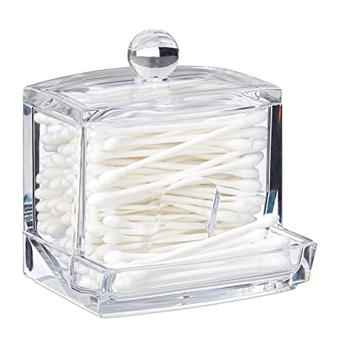 Relaxdays Cotton Swab Storage Box, Acrylic Lidded Organiser, Stick Bathroom Dispenser, Size M, Clear