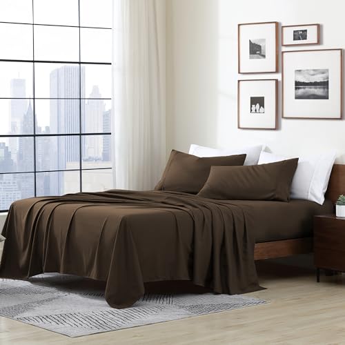 Cathay Home Essentials Ultra Soft Hypoallergenic Wrinkle Resistant Double Brushed Microfiber Bedding Sheet Set, Brown, Twin XL