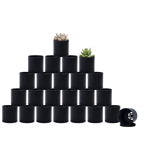 D'vine Dev 24-Pack Mini Black Plastic Planters with Saucers, 2 in, 74-Y-A-6 - Lightweight Durable Build, Matte Finish, Cylindrical Shape, Efficient Drainage, Detachable Saucer, Minimalist Modern Style