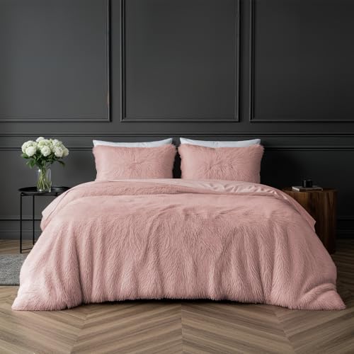 Sleepdown Fleece Luxury Long Pile Faux Fur Blush Pink Super Soft Easy Care Duvet Cover Quilt Bedding Set with Pillowcases - King (220cm x 230cm)