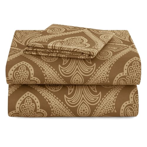 Hannah Linen Paisley Twin Sheet Set, 3 PC Soft Microfiber Wrinkle Free Sheets - Luxurious Printed Bed Sheets Includes Flat Sheet, Fitted Sheet with Deep Pockets, & Pillowcase - Brown