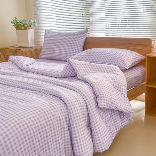 NSNLGSGC King Size Comforter Set, Purple Gingham Bedding Comforter Sets, Purple Grid Bed Comforter 3 Pieces (1 Comforter, 2 Pillowcases)