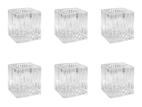 Set of 6 Square Clear Glass Candle Holders with Striped Surface - 4 x 4 x 4 cm Cereria Di Giorgio
