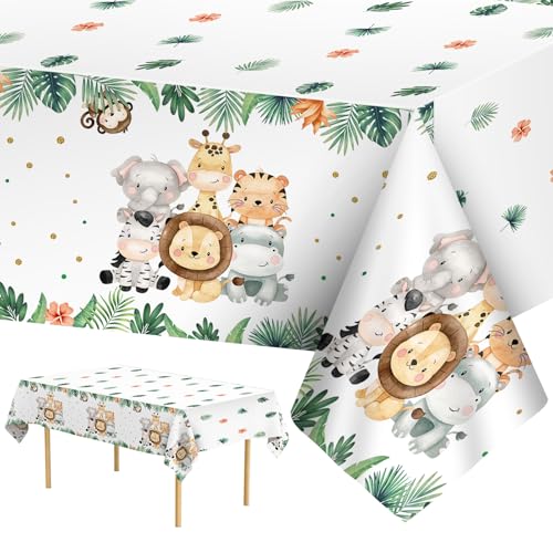 2 Pcs Jungle Safari Tablecloth - Plastic Ainmals Party Table Cover, Disposable Rectangle Zoo Animals Table Cloth for Baby Shower Jungle Animal Birthday Party Decorations Supplies Favors, 108x54 Inch