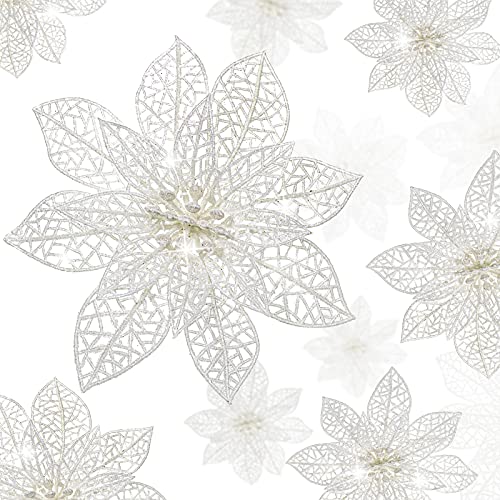 Boao 24 Pieces Glitter Poinsettia Christmas Tree Ornament Christmas Flowers Decor Ornament, 3/4/6 Inches (White)