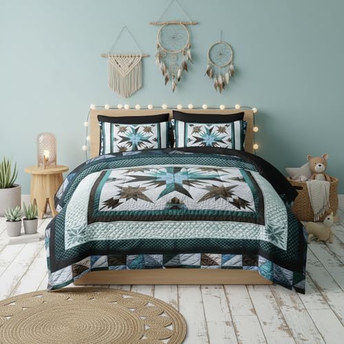 QOOMO Boho 7 Pieces Comforter Set Twin Size,Bohemia Bedding Set for Kids Teens Girls-Include 1 Comforter,1 Fitted Sheet,1 Flat Sheet,2 Printing Pillowcases and 2 Black Pillowcases