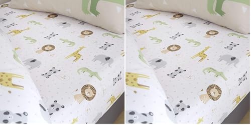 Catherine Lansfield Kids Roarsome Animals Single Fitted Sheet White (Pack of 2)