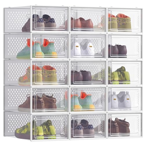 SONGMICS Pack of 15 Stackable Shoe Boxes, Foldable, Fit up to UK Size 8 - Shoe Storage Organisers, Versatile for Sneakers, Cloud White, DENNYS Collection LSP015W02