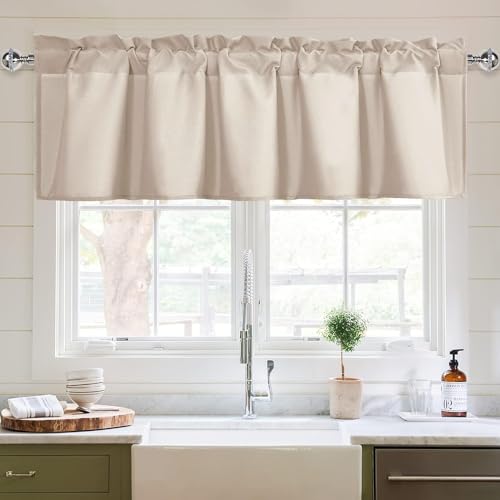 XWZO Kitchen Valances Curtains for Windows Living Room Bedroom Bathroom Toppers Farmhouse Style Rustic Dinning Room Blackout Thermal Insulated Rod Pocket, W84 x L18 Inch Length, Beige, 1 Panel.