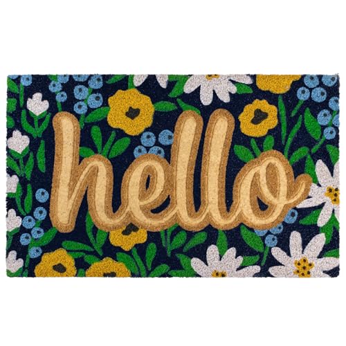 JVL Pavillion Coir Door Mat – Hello Summer – Natural Entrance Mat, Outdoor Indoor, Welcome Mat – 45 x 75 cm