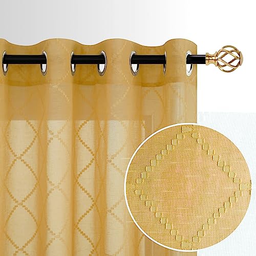 KOUFALL Gold Curtains for Living Room 84 Inches Long,Sheer Geometric Fancy Sheers Mid Century Modern Boho Curtains for Bedroom 2 Panels Set