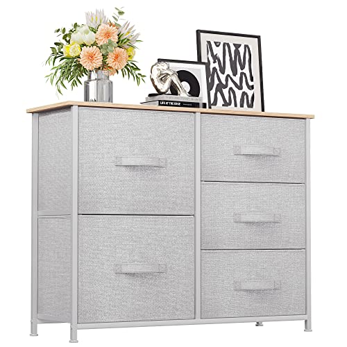 YITAHOME Chest of Drawers with 5 Drawers, Fabric Dressers with Easy Pull Handle,Sturdy Steel Frame,Storage Drawers for Bedroom, Closet, Clothes, Light Grey