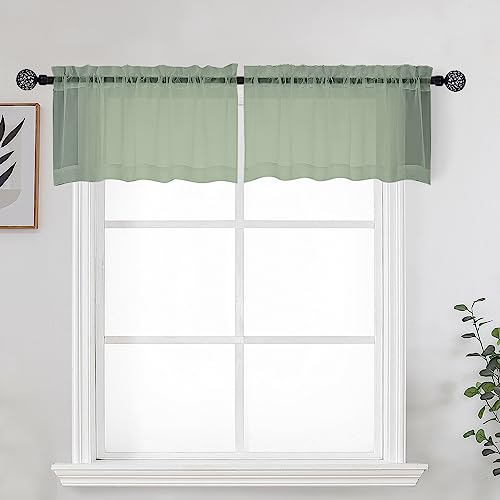 "OWENIE Sage Sheer Kitchen Valance for Windows Set of 2, Short Modern Rod Pocket Voile Valance Curtain Window Treatment Decor for Living Room Bathroom Cafe Laundry Basement, 42"" W x 14"" L"
