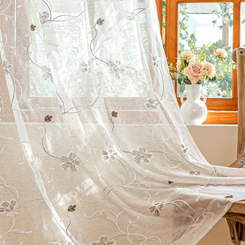 AmHoo 2 Panels Linen Floral Leaf Embroidered Semi Sheer Curtain Farmhouse Voile Curtains for Living Room Bedroom Window Treatment Brown 52 x 63 Inch