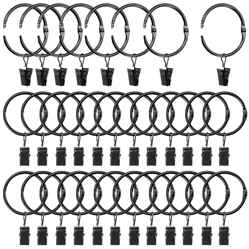 "LLPJS Openable Curtain Rings with Clips, Open Drapery Rings with Hooks, Curtain Clips 1.5 inch Interior Diameter, Fit up to 1.2"" Curtain Rod (Black, 1.5"" I D Set of 32)"