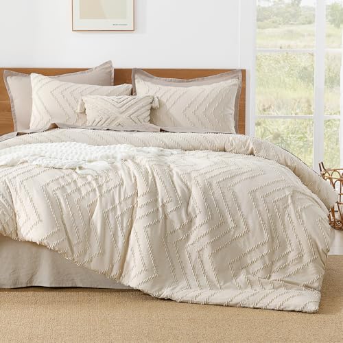 Litanika Super King Plus Comforter Set Beige, 3 Pcs Boho Tufted Bedding Set - Oversized Alaskan King Neutral Lightweight Fluffy Chevron Textured Bohemian Bedding Set Gift Choice