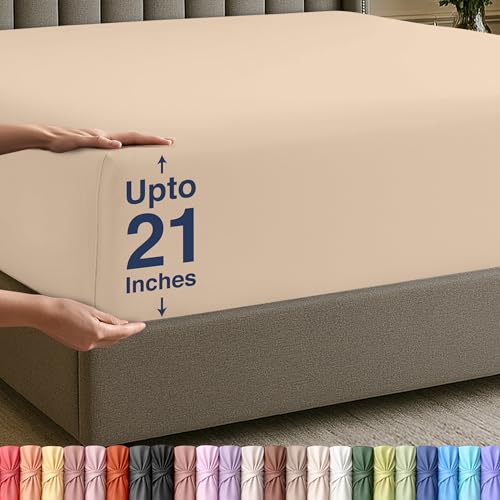 Utopia Bedding Fitted Sheet Queen - Extra Deep Pocket - 53 cm Deep - Soft Microfibre - Shrink and Fade Resistant - Easy Care - 1 Fitted Sheet Only (Beige)
