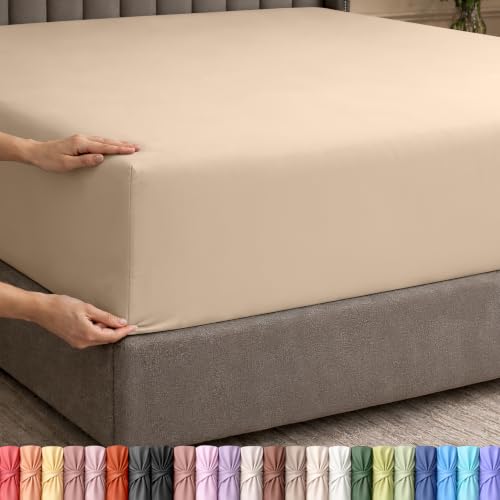 Utopia Bedding Fitted Sheet Queen - Extra Deep Pocket - 53 cm Deep - Soft Microfibre - Shrink and Fade Resistant - Easy Care - 1 Fitted Sheet Only (Beige)