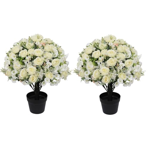 "Aoutyers 24"" Artificial Flowers for Outdoors Set of 2 ??? UV Resistant Fake Peonies Champagne Silk Flowers Mixed Faux Eucalyptus in Cement Pots for Covered Outside Front Porch Home Indoor Spring Decor"