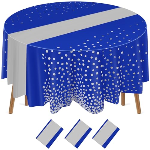 Newwiee 84 Inch Polka Dot Round Disposable Tablecloths Plastic Tablecover Plastic Tablecloth with Runner Printed for Prom Graduation Wedding Spring Birthday Party(Blue, Silver,3 Pcs)