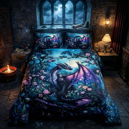 Feelyou Dragon Comforter Set Full Size Comforter for Boys Girls Teens Wild Life Bedding Set Jungle Dragon Duvet Set Room Decor Balck Blue Quilt Set