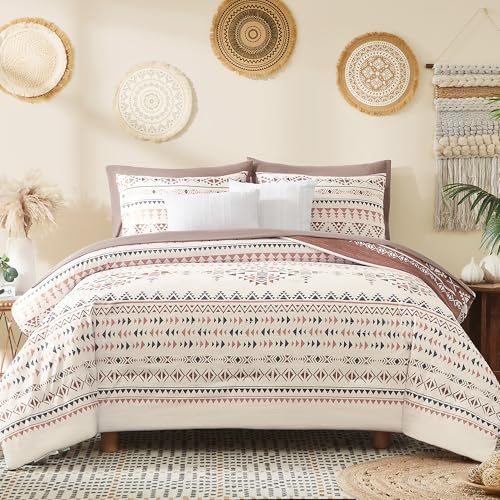 Geniospin King Size Comforter Set- 7 Pieces Boho Bed in a Bag, Western Bedding Set for All Seasons, Reversible Aztec Bedding, Lightweight Comforter Bed Set with Sheets, Pillowcases & Shams
