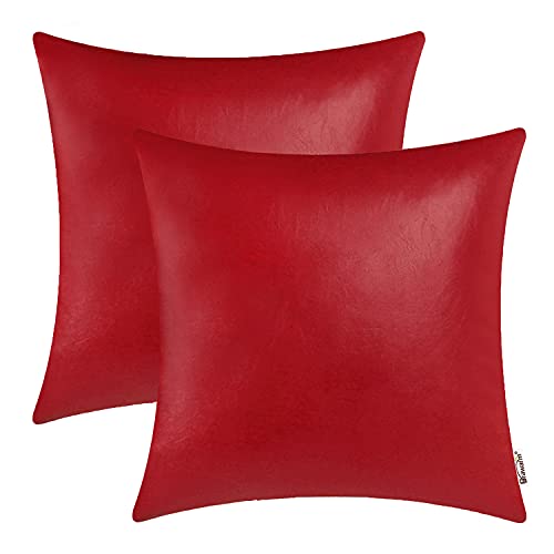 BRAWARM Decorative Throw Pillow Covers, Faux Leather Throw Pillow Cushion Covers, Solid Faux Leather Couch Cases for Living Room Garden Bed, Christmas Red, 45cm x 45cm, Pack of 2