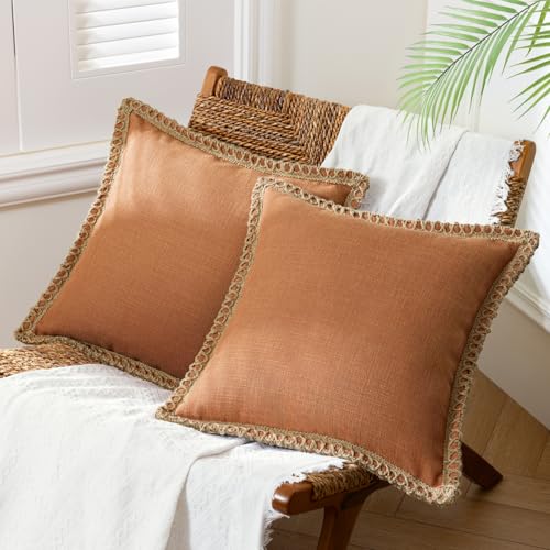 Phantoscope Pack of 2 Farmhouse Decorative Solid Throw Decorative Pillow Cover Burlap Linen Trimmed Tailored Edges Orange 18 x 18 inches, 45 x 45 cm