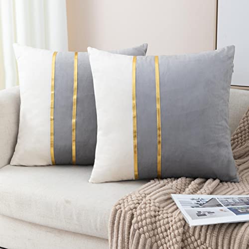 ZLINA Gold Leather Striped Throw Pillow Covers 18??18 Inch.Grey - 2-Pack,Velvet fabric two tone pillow cover,with gold leather stripe decoration cushion covers,for Sofa Bedroom Home Decor