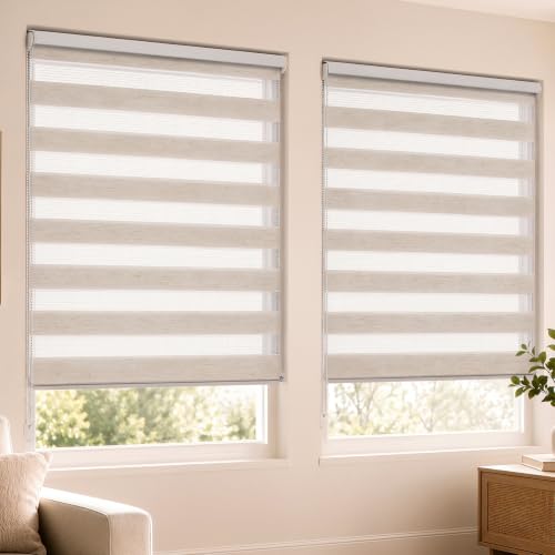VOUNOT?? Set of 2 Day and Night Zebra Roller Blinds No Drill,90x150cm Linen - Double Layer Translucent and Blackout Fabric, Easy Installation Window Shades Fit Home Office Bedroom Kids Room Easy