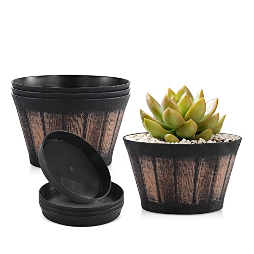 Quarut Plant Pots Set of 4 Pack 6 inch,Large Whiskey Barrel Planters with Drainage Holes & Saucer