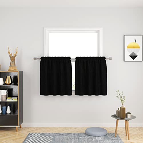 UPOPO Black Kitchen Tiers Over Sink Curtains Privacy Linen Textured 24 inch Length Cafe Curtains Short Bathroom Small Mini Caravan Basement Half Window Curtain 2 Panels Rod Pocket