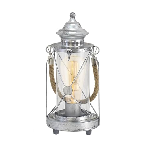 EGLO Bedside lamp Bradford 1, Vintage Table Light, Lantern, Living Room Lighting Made of Antique Silver Steel and Clear Glass, E27 Socket