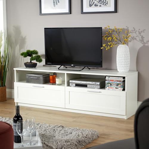 Home Source TV Media Entertainment Cabinet, 2 Storage Drawers, 2 Shelves, White, 140cm