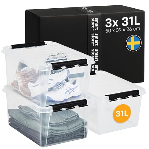 SmartStore Storage Boxes with Lids - 3x large 31L box - 50x39x26cm - Stackable plastic storage box with lid for garage & loft - big clear food-safe plastic boxes for shelves - crates, tubs, bins