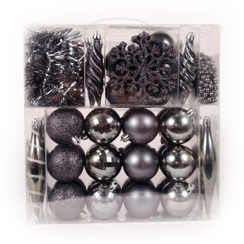 WeRChristmas 60-Piece Deluxe Variety Christmas Tree Baubles Decoration Pack with Tinsel and Beads, Silver/Grey
