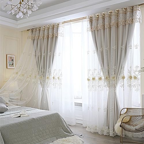Amidoudou 1 Pair Luxury European Curtains with Valance for Living Room Bedroom Double Layer Embroidered Room Darkening Curtains (Beige,51x84 Inch)
