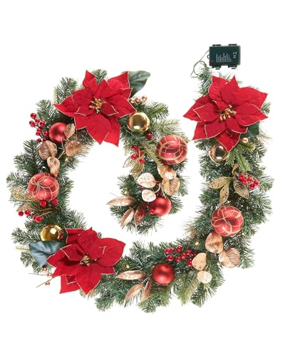 Pre-Lit Decorated Christmas Garland, Red & Gold, 6 ft – Battery Operated with 8 Light Modes and Timer